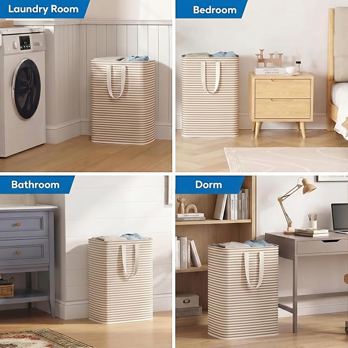 efluky Slim Laundry Basket, Narrow Laundry Hamper with Handles, Collapsible Dirty Clothes Hamper, Tall Laundry Bin for Laundry Room, Dorm and Bedroom, 80L, Striped Brown