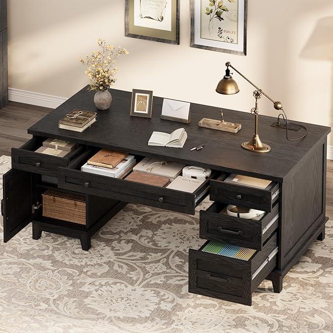 60" Traditional Home Office Desk with Power Outlets, Wooden Executive Desk with File Cabinet and Drawers, Farmhouse Wood Work Desk for Work, Study, Writing, Black