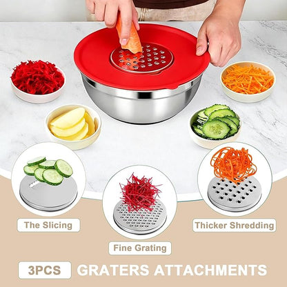 20-Piece Mixing Bowls Set with Airtight Lids – 6 Stainless Steel Kitchen Bowls (4.5QT, 4QT, 3.5QT, 2.1QT, 1.5QT, 1.1QT), 3 Grater Attachments, Non-Slip Silicone Bottoms, Perfect for Baking & Serving