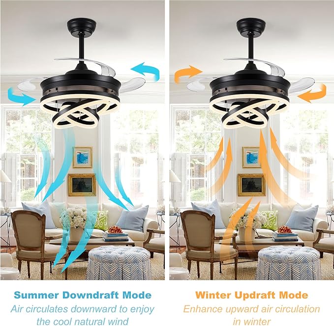 42" Retractable Ceiling Fans with Lights, Modern Fandelier Ceiling Fan with LED Light and Remote/APP Control 3 CCT, Reversible, 6 Wind Speed, Chandelier Ceiling Fan for Bedroom, Living Room Black
