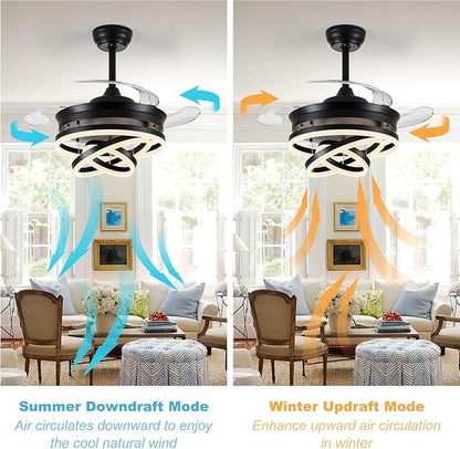 42" Retractable Ceiling Fans with Lights, Modern Fandelier Ceiling Fan with LED Light and Remote/APP Control 3 CCT, Reversible, 6 Wind Speed, Chandelier Ceiling Fan for Bedroom, Living Room Black