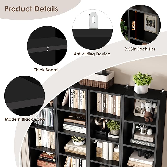 FOTOSOK 2 Pcs 71'' Tall Narrow Bookshelf, 8-Tier Media Tower Rack Set of 2, CD DVD Storage Cabinet with Adjustable Shelves, Tall Narrow Bookcase Skinny Display Bookshelf Slim Shelf, Black