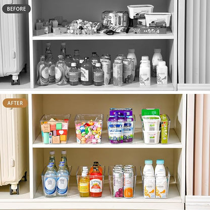 Freebat 12 Pack Middle Organizers and Storage, Pantry Organization and Storage Bins, Cabinet Organizer, Clear Plastic Storage Containers with Handle，Acrylic Storage Bins for Cabinet, Fridge
