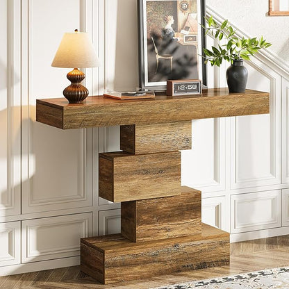 Tribesigns 42.5" Farmhouse Console Table, Narrow Wood Sofa Table Behind Couch with Geometric Base, Industrial Entryway Accent Table for Living Room, Hallway, Entrance (Light Brown)