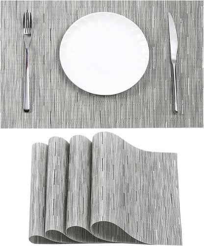 Leetaltree Silver Placemats Set of 4 - Heat Resistant Non-Slip Place mats for Dining Table, Washable Durable PVC Vinyl Woven Table Mats（Silver, 4）