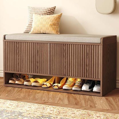 HOMEFORT 39.4" Fluted Shoe Storage Bench, Entryway Bench with Linen Seat Cushion, Shoe Cabinet Bench with Adjustable Shelf and Built-in LED Sensor Light, Bench for Bedroom End of Bed,Walnut