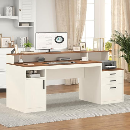 65 Inch Computer Desk with 3 Drawers & Storage Shelves, Executive Desk with File Drawer & Cabinet, Home Office Desk with Long Monitor Stand & Printer Shelf, Antique White