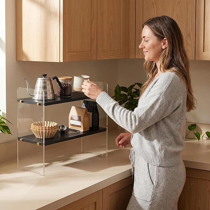 Coffee Station Organizer 2 Tier, Solid Wood Mug Shelffor Coffee Bar,Matcha Station,Tea Storage - Holds Mugs,Beans,Syrup,Cups,Tirrers (Black Wood Grain, 15.4" L x 5.7" W x 13.4" H)
