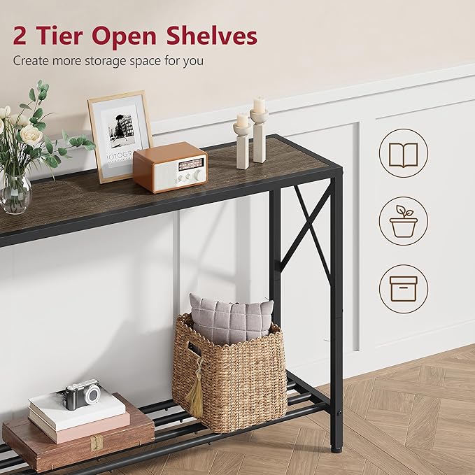 Tajsoon Industrial Console Table 41.8", 2 Tier Entryway Table with Storage Shelves, Narrow Sofa Table with Stable X-Frame, for Living Room, Hallway, Foyer, Office, Dark Grey