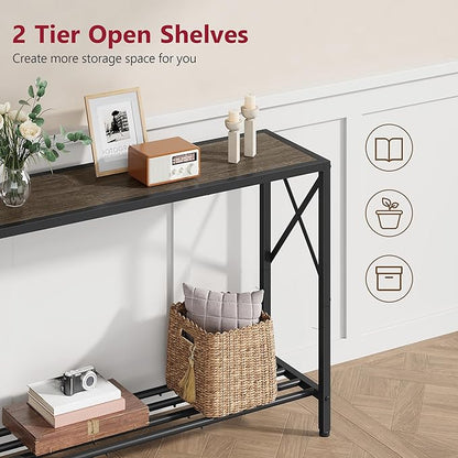 Tajsoon Industrial Console Table 41.8", 2 Tier Entryway Table with Storage Shelves, Narrow Sofa Table with Stable X-Frame, for Living Room, Hallway, Foyer, Office, Dark Grey