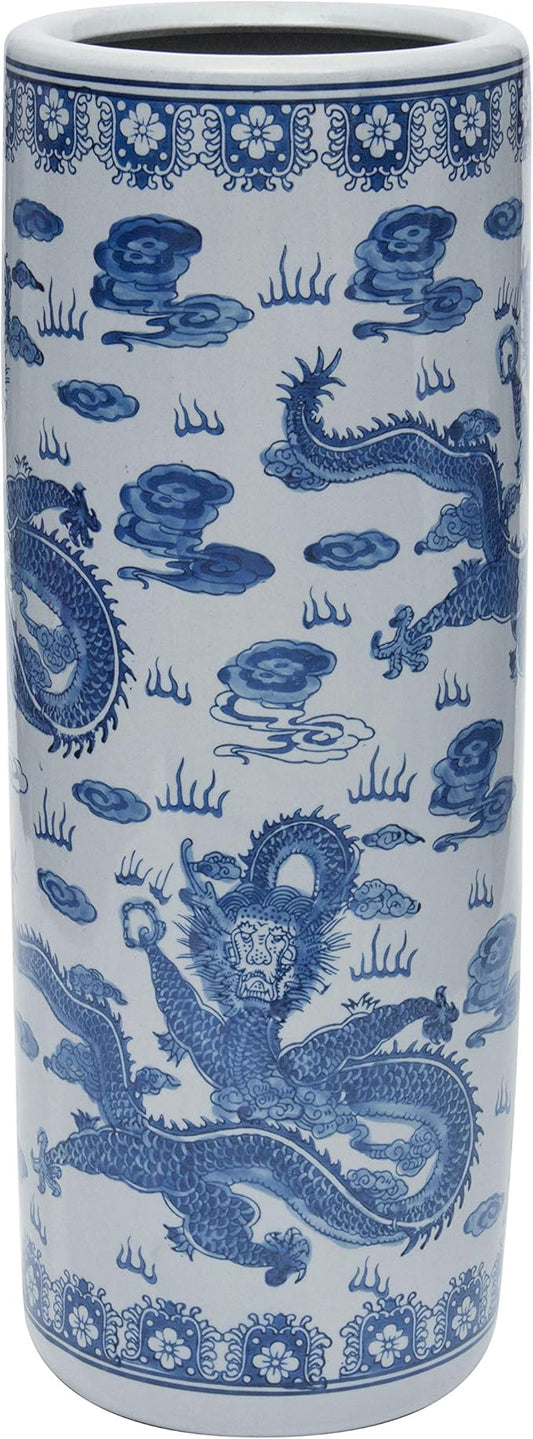 Red Lantern 24" Dragon Blue & White Porcelain Umbrella Stand for Indoor/Outdoor Use in Garden Entryway Living Room Boho Eclectic Modern Contemporary Classic Traditional Style Decor