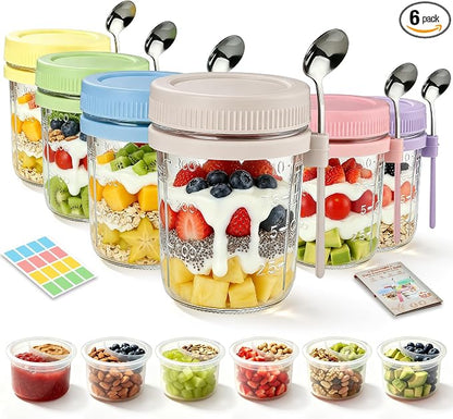 6Pcs Overnight Oats Containers with Lids and Spoons,16oz Glass Meal Prep Jars with Measurement Marks, Leak-Proof Breakfast Food Storage for Yogurt, Cereal, Salad, BPA-Free (6 Colors)