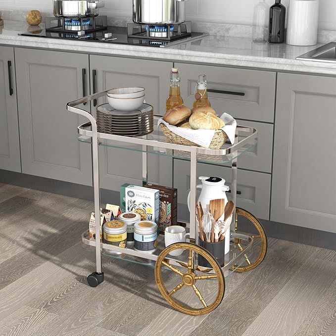 Giantex 2-Tier Bar Cart, Stylish Rolling Serving Cart w/Tempered Glass Shelves, 2 Large Aluminum Front Wheels, Stainless Steel Frame, Mobile Storage Shelf, Home Trolley Cart for Kitchen, Dining Room
