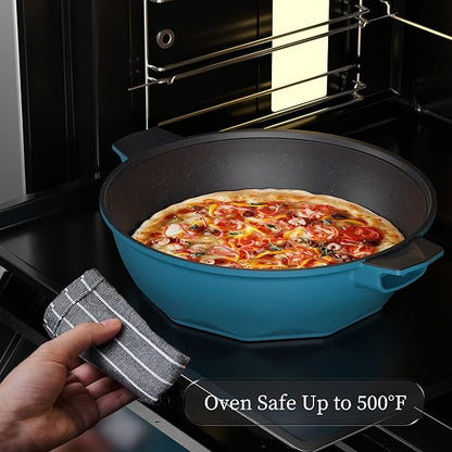 TIBORANG 8 in 1 Multipurpose 11 Inch 5 Quart Heat Indicator Nonstick Deep Frying Pan with Glass Lid,Steamed Grid,PFOA-Free,Dishwasher&Oven Safe,Works with All Stovetops (Dark Teal)