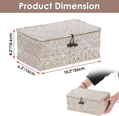 Sumnacon Small Wicker Basket with Lid Rectangle Woven Baskets for Toiletries Tampon Storage,Wicker Storage Basket with Lid,Decorative Seagrass Storage Baskets for Shelf Bathroom Toilet Table,Whitewash