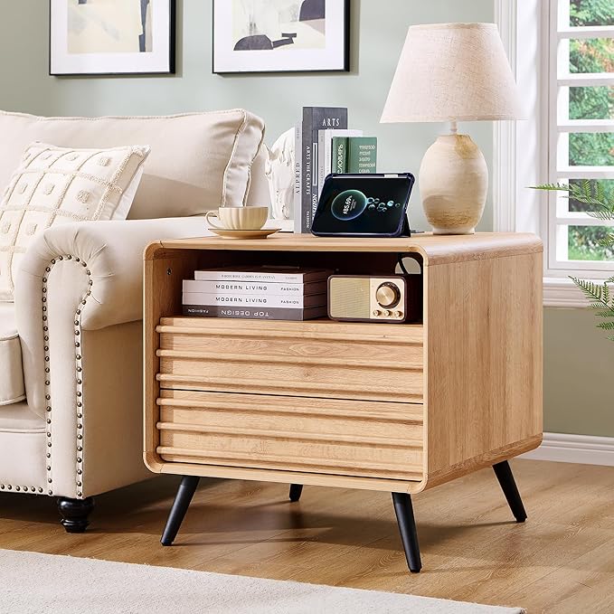 RedLemon 24" Nightstand with Charger Station, Mid Century Modern Fluted End Table with 2 Drawers, Wooden Side Table with Open Cubby Storage for Living Room, Bedroom, Office (Natural Oak)