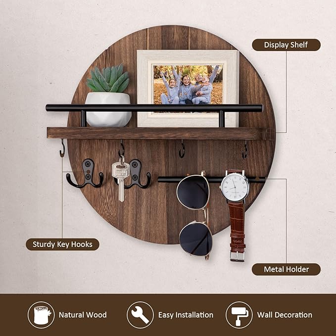 Nekon Key Holder Wall Mount, 11.8 Inch Rack With Shelf and 6 Hooks, Rustic Mail Organizer, Circular Wooden Hanger for Entryway Hallway Kitchen (Brown)