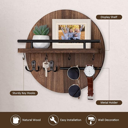 Nekon Key Holder Wall Mount, 11.8 Inch Rack With Shelf and 6 Hooks, Rustic Mail Organizer, Circular Wooden Hanger for Entryway Hallway Kitchen (Brown)