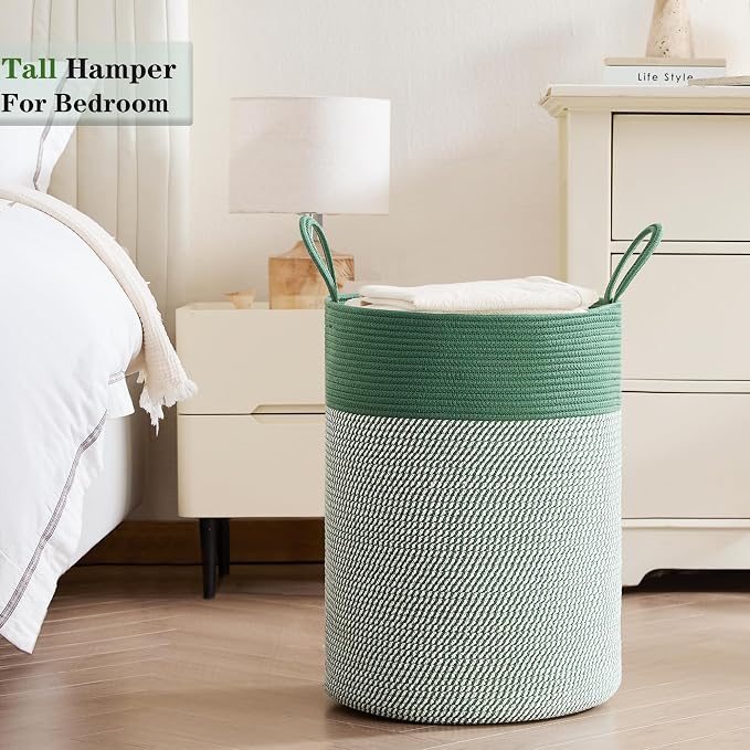80L Extra Large Green Laundry Hamper Basket, Tall Woven Hamper for Bedroom, Cotton Rope Laundry Basket for Clothes, 16x22 Inches