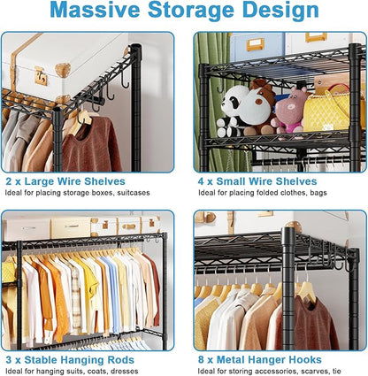 Ulif F7 Plus Garment Rack, Heavy Duty Clothes Rack, Clothing Racks for Hanging Clothes, 6-Tiers Freestanding Portable Closet Storage Rack 68'' W × 14.6'' D × 76.6'' H, Max Load 850 Lbs, Black