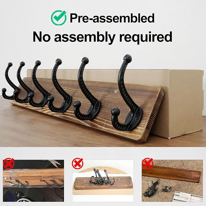 WEBI Rustic Coat Rack Wall Mount,24" Long 6 Cast Iron Coat Hooks Wall Mounted,Heavy Duty Wood Wall Coat Hanger Hooks for Hanging Coats,Jacket,Clothes,Backpack,Farmhouse,Brown