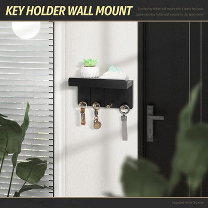 Rebee Vision Small Key Holder Wall Mount - Decorative 8 inch Key and Mail Holder for Wall with Shelf and 4 Sturdy Hooks for Aesthetic Room Decor - Perfect Aesthetic Stuff in House Decor (Modern Black)