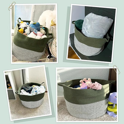 INDRSSME Large Laundry Storage Basket, 21.7 x13. 8 - Decorative Rope Blanket Basket for Organizing Bedroom, Living Room, Nursery, Toy Storage for Colthes Towel, Empty Gift Baskets -Green