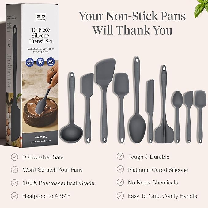 GIR: Get It Right 10-Piece Silicone Essentials Kitchen utensils set - Ladle, Spatula, Flip, Spoon & Spoonula - Non toxic cooking utensils for Nonstick Cookware, Cooking and Baking - Charcoal