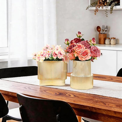 Gold Glass Vases, Set of 2 Ribbed Vases for Flowers, Gold Vase for Tulips, Modern Glass Vase for Living Room, Dining Table, Office, Entryway, Mantle, Bookshelf, Wedding Gifts