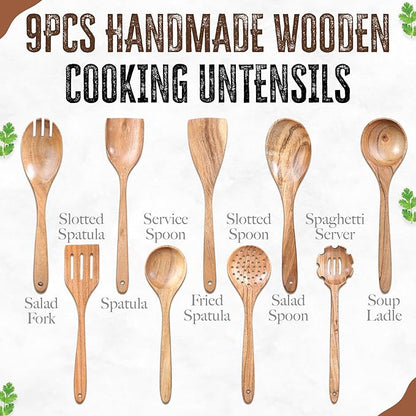 INTAJ Premium Teak Wooden Spoons for Cooking – 9-Piece Kitchen Utensils Set, Durable & Nonstick Safe, Eco-Friendly,Ergonomic Stir, Mix, Scrape & Serve – Ideal for Nonstick,Cast Iron & Ceramic Cookware