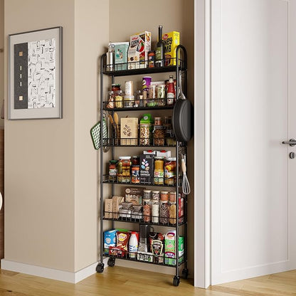 Slim Rolling Storage Cart with Wheels, Metal 6 Tier Spice Rack Mobile Shelving Unit Organizer Kitchen Utility Cart for Office Bathroom Kitchen Laundry Room Narrow Places (6inches)