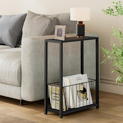 Narrow Side Table with Magazine Holder, Skinny End Table Perfect for Small Spaces, Space-Saving Design for Living Room, Bedroom, or Office, 7.1" D x 16.9" W x 23.6" H, Black