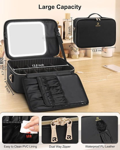 Chomeiu Makeup Bag with LED Mirror, Large Travel Cosmetic Train Case for Women, Makeup Artists Large Organizer Box with Vanity Light Up Mirror, 3 Color Lights, Adjustable Dividers (Black)