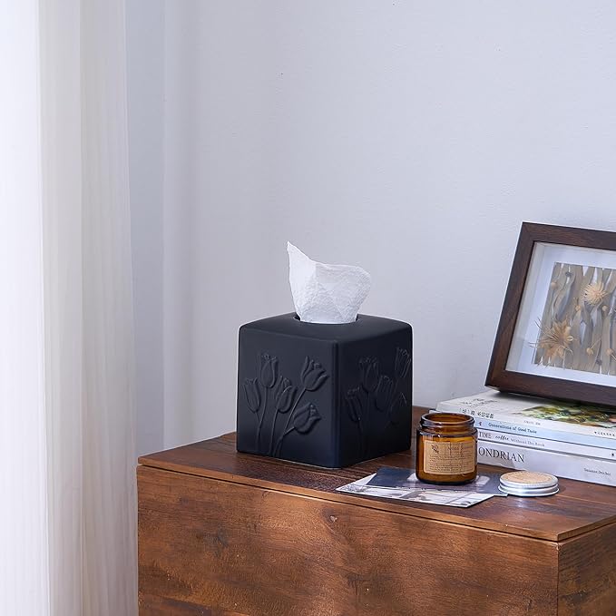 Black Ceramic Tulips Tissue Box Cover - Modern Square Decorative Organizer for Facial Tissues, Farmhouse Style Home Decor for Bathroom, Bedroom, Living Room & Office