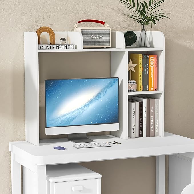 Desk Hutch, Desktop Shelf with 5 Shelves, Desk Bookshelf w/Anti-Toppling Devices, Wood Table Top Bookshelf Organizer, Small Desk Shelf for Study, Office, Dorm (White, 5 Shelves)