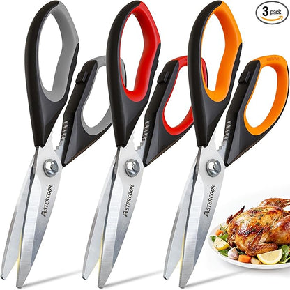Astercook Kitchen Scissors 3 Pack, Heavy Duty All Purpose Kitchen Shears for Food and Packaging, Stainless Steel Food Scissors for Meat, Poultry, Herbs and Vegetables, Dishwasher Safe