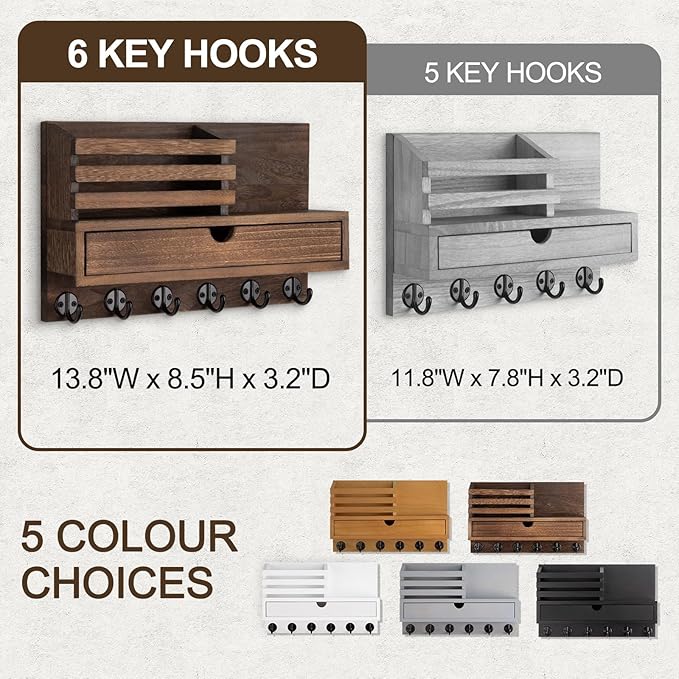 Key Holder Wall Mount, Mail Holder with Storage Drawer and 6 Key Hooks for Coat, Dog Leash, Home Decor Rack, House Accessories, Entry Way Organizer