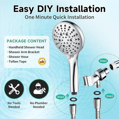 BRIGHT SHOWERS High Pressure Shower Head with Handheld, 9 Spray Settings Showerhead Built in Power Wash to Clean Tub and Pets, Extra Long 69" Hose, Adjustable Bracket, Chrome