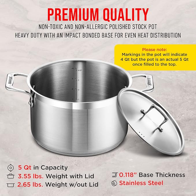 Stainless Steel Stockpot with Lid 5 Quart, Durable 18/8 Stainless Steel, Impact-Bonded Base for Even Heating, Riveted Handles, Oven & All Stove Compatible, Safe Up To 500°F (260°C)