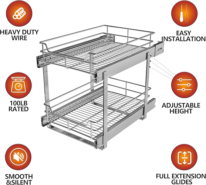 JOWBOOW (8" W x 22" D 2-Tier Narrow Cabinet Pull Out Shelves | Heavy Duty Slide Out Shelves for Kitchen Cabinets, 22 Inch Deep Under Cabinet Organizer, Chrome