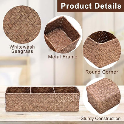 Hipiwe Handwoven Wicker Storage Box 3 Sections Seagrass Basket Bin Toilet Paper Holder for Bathroom Shelf Organizer for Kitchen Living Room, Coffee Color