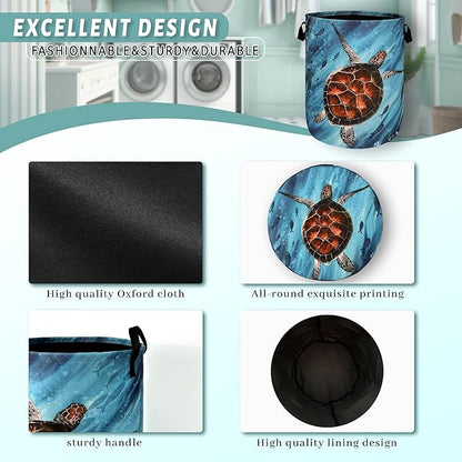 Sea Turtle Laundry Basket Foldable With Handles Watercolor Turtles Tote Bag Oxford Cloth Colorful Animal Laundry Hamper Clothes Toy Storage Bucket For Bathroom/Laundry/Bedroom 18.9"x 16.5 "