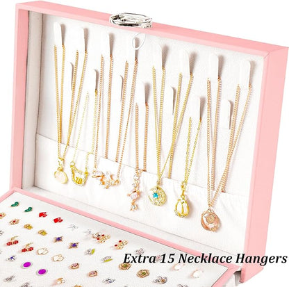 QBestry Earring Jewelry Box for Girls Pink, 5 Layers Jewelry Organizer with Lock Key Jewelry Boxes for Women Necklace and Earring Holder Organizer for Girls Teen Jewelry Box Earrings Case Xmas Gifts