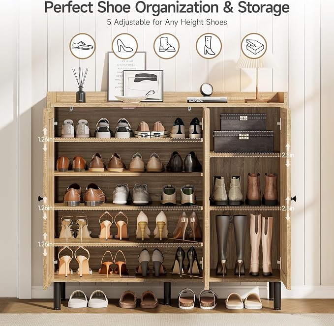 ONBRILL Shoe Cabinet with 3 Doors and Adjustable Shelves, 30 Pairs Shoe Storage Cabinet, 40 Inch Tall Farmhouse Shoe Rack Shoe Organizer Cabinet for Entryway Living Room Closet, Natural Oak
