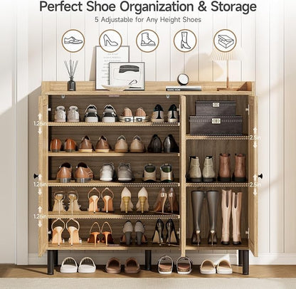 ONBRILL Shoe Cabinet with 3 Doors and Adjustable Shelves, 30 Pairs Shoe Storage Cabinet, 40 Inch Tall Farmhouse Shoe Rack Shoe Organizer Cabinet for Entryway Living Room Closet, Natural Oak