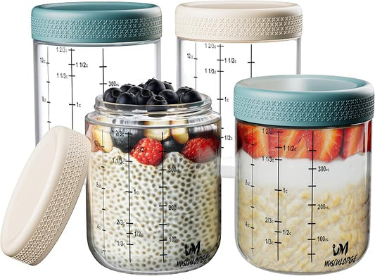 Overnight oats containers with lids, Yogurt jars, Chia seed pudding jars, Glass meal prep containers, 16 oz mason jars with airtight lids (4 Pack, Lavish Blue & Soft Pink)