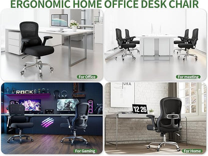 Office Chair Ergonomic Desk Chair Comfy: 400LBS Mesh Computer Chair Ergonomic Gaming Chairs with Wheels Adjustable Lumbar Support and Flip up Armrest-Swivel Executive Chairs Long Hours(Black)