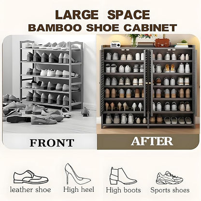 7-Tier Bamboo Shoe Cabinet,Shoe Storage Cabinet with Shelves, Large Shoe Cabinet with Doors,Shoes Rack Organizer for Entryway, Hallway, Living Room