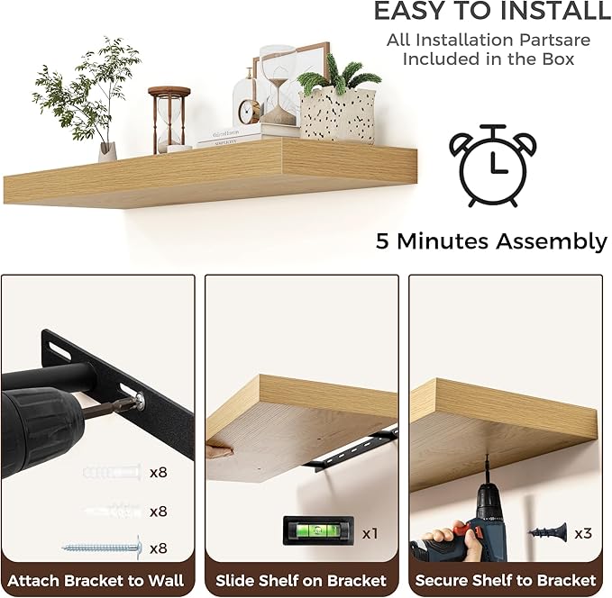 Floating Shelves for Wall, 40" W x 12" D x 2" H, 1 Pack of Long Wall Mounted Engineered Wood Shelves with Invisible Brackets for Living Room, Bedroom, Bathroom, Kitchen Decor, Oak