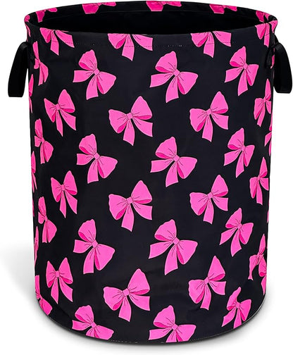 Pink Bow Laundry Basket Funny Bowknot Foldable Waterproof Oxford Cloth Tote Bag Laundry Hamper Round Large Clothes Storage Bucket Toy Organizer For Bathroom/Laundry Storage/Bedroom 18.9x16.5 Inch